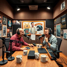 A vibrant podcast studio featuring two hosts, one resembling a well-known podcaster with a bald head and a charismatic smile, and the other an enthusiastic person sitting across from him with a playful expression