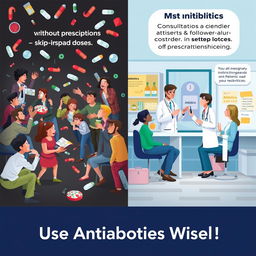 An educational illustration depicting the responsible use of antibiotics