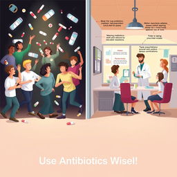 An educational illustration depicting the responsible use of antibiotics