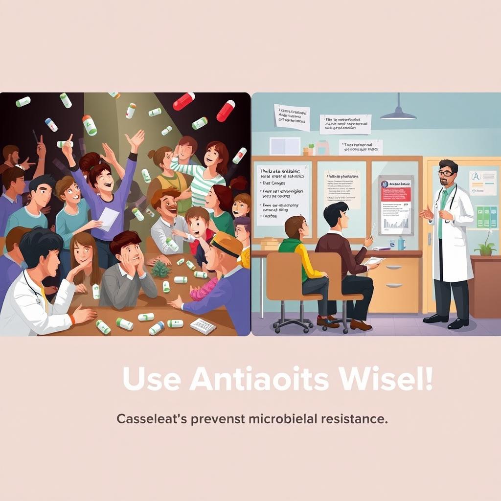 An educational illustration depicting the responsible use of antibiotics