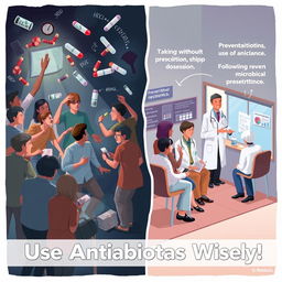 An educational illustration depicting the responsible use of antibiotics