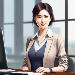 A high-quality digital art image depicting an Asian office girl