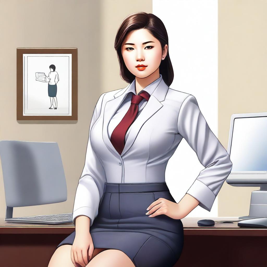 A high-quality digital art image featuring an Asian office girl