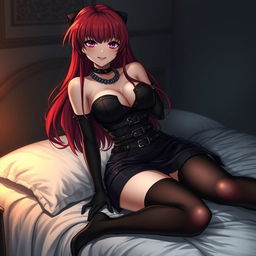 A seductive gothic anime girl with long, flowing red hair and alluring curves, dressed in a stylish black dress adorned with belts and chains