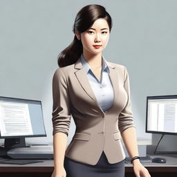 A high-quality digital art image featuring an Asian office girl