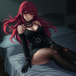 A seductive gothic anime girl with long, flowing red hair and alluring curves, dressed in a stylish black dress adorned with belts and chains
