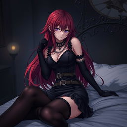 A seductive gothic anime girl with long, flowing red hair and alluring curves, dressed in a stylish black dress adorned with belts and chains