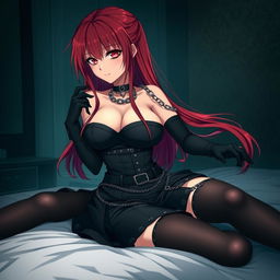 A seductive gothic anime girl with long, flowing red hair and alluring curves, dressed in a stylish black dress adorned with belts and chains