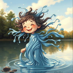 A surreal and imaginative illustration of a child whose body morphs seamlessly into flowing water