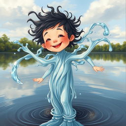 A surreal and imaginative illustration of a child whose body morphs seamlessly into flowing water