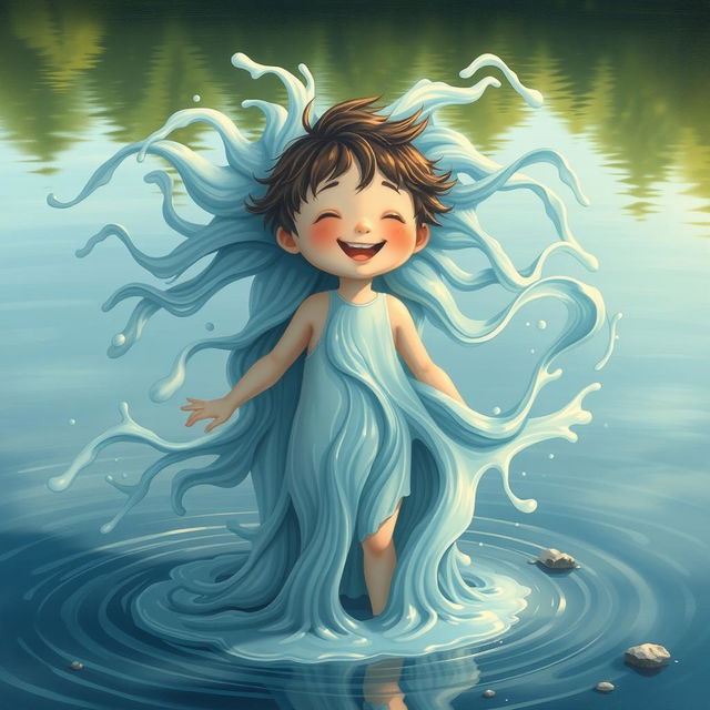 A surreal and imaginative illustration of a child whose body morphs seamlessly into flowing water