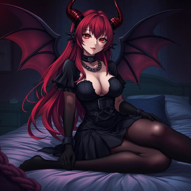 An alluring gothic anime girl with demonic wings and curved horns, showcasing long, flowing red hair and a voluptuous figure