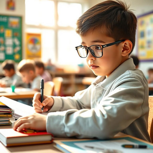 A dedicated and studious boy in a school setting, sitting at a desk surrounded by books and stationery