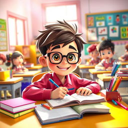 An animated scene featuring a studious boy in a school setting, sitting at a desk filled with colorful books and stationery