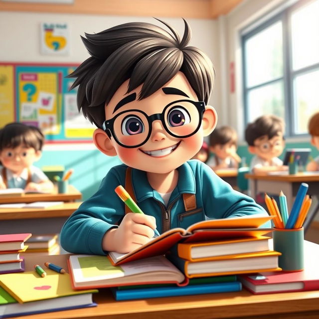 An animated scene featuring a studious boy in a school setting, sitting at a desk filled with colorful books and stationery