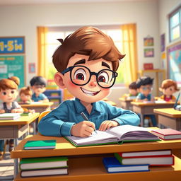 An animated scene featuring a studious boy in a school setting, sitting at a desk filled with colorful books and stationery