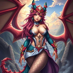 An enchanting portrayal of Tiamat from Dungeons & Dragons as a sexy anime girl, boasting a voluptuous figure with big breasts