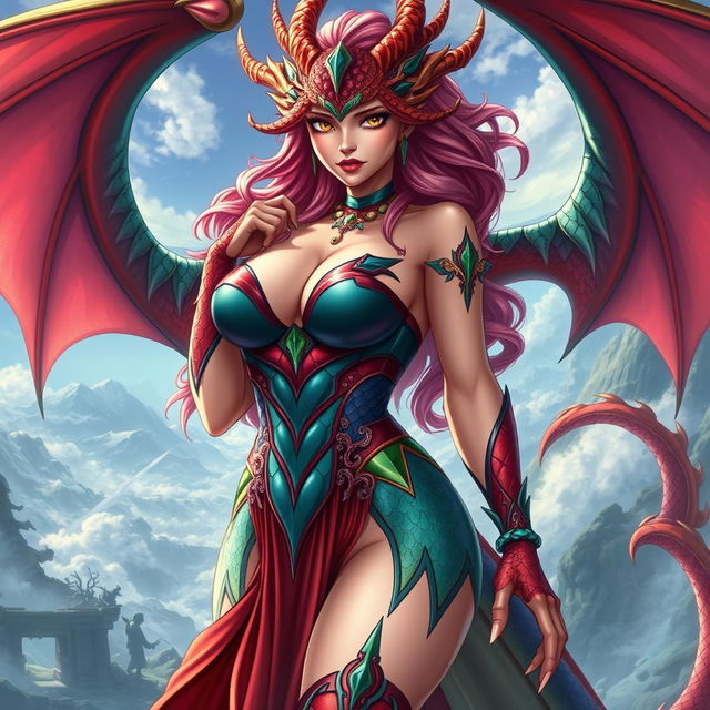 An enchanting portrayal of Tiamat from Dungeons & Dragons as a sexy anime girl, boasting a voluptuous figure with big breasts