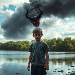 A dramatic scene depicting a young boy standing on the bank of a river, with lush green trees and bright blue skies in the background
