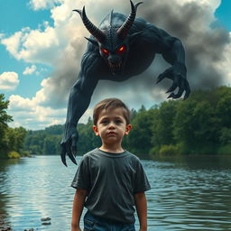 A dramatic scene depicting a young boy standing on the bank of a river, with lush green trees and bright blue skies in the background