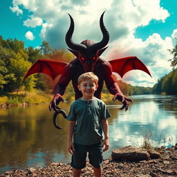 A dramatic scene depicting a young boy standing on the bank of a river, with lush green trees and bright blue skies in the background