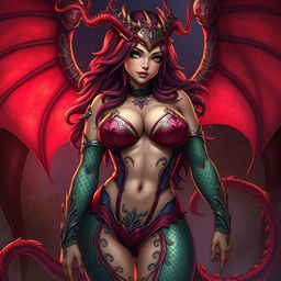 An alluring depiction of Tiamat from Dungeons & Dragons transformed into a sexy anime girl with a voluptuous figure and big breasts, dressed in a strikingly seductive outfit