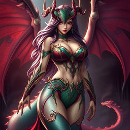 An alluring depiction of Tiamat from Dungeons & Dragons transformed into a sexy anime girl with a voluptuous figure and big breasts, dressed in a strikingly seductive outfit