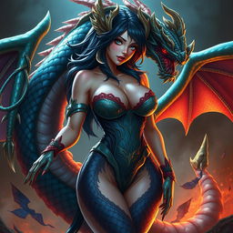 An alluring depiction of Tiamat from Dungeons & Dragons transformed into a sexy anime girl with a voluptuous figure and big breasts, dressed in a strikingly seductive outfit