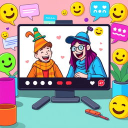 A vibrant digital artwork capturing a whimsical and playful scene of two anonymous individuals engaging in a light-hearted conversation on a video chat platform