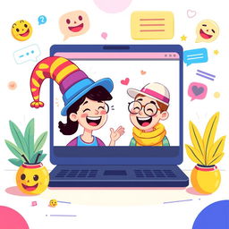 A vibrant digital artwork capturing a whimsical and playful scene of two anonymous individuals engaging in a light-hearted conversation on a video chat platform