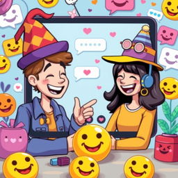A vibrant digital artwork capturing a whimsical and playful scene of two anonymous individuals engaging in a light-hearted conversation on a video chat platform