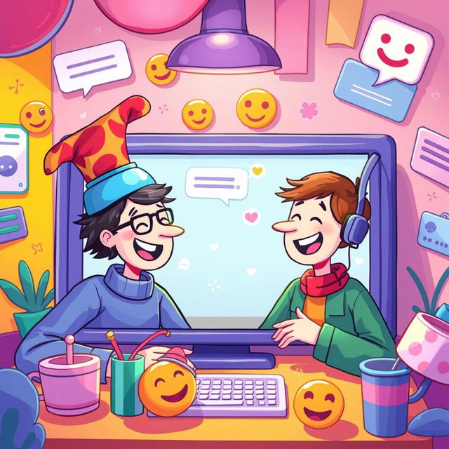 A vibrant digital artwork capturing a whimsical and playful scene of two anonymous individuals engaging in a light-hearted conversation on a video chat platform