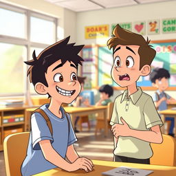 An animated scene depicting a school setting where a boy is playfully teasing another boy
