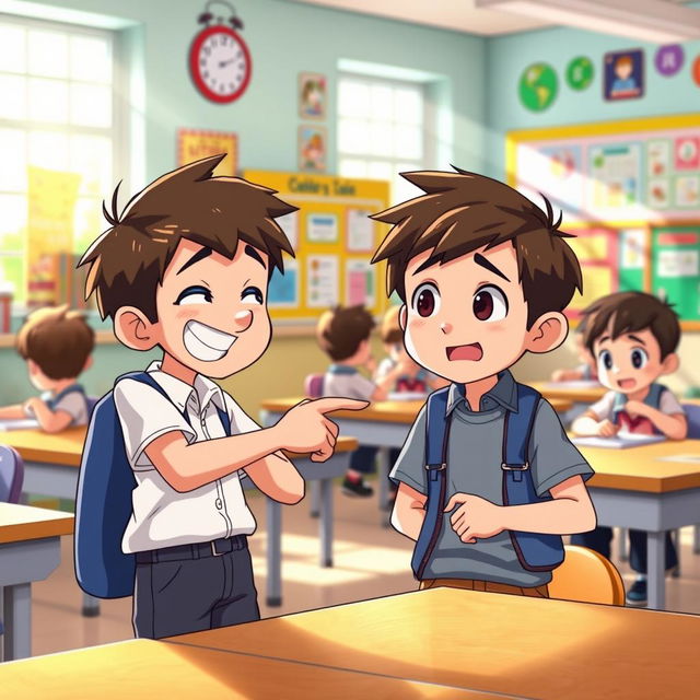 An animated scene depicting a school setting where a boy is playfully teasing another boy