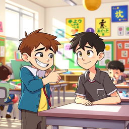 An animated scene depicting a school setting where a boy is playfully teasing another boy
