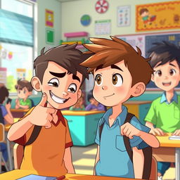 An animated scene depicting a school setting where a boy is playfully teasing another boy