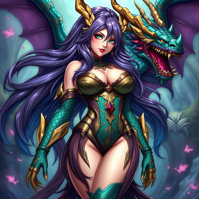 A seductive reimagining of Tiamat from Dungeons & Dragons depicted as a sexy anime girl, featuring a voluptuous figure with large breasts