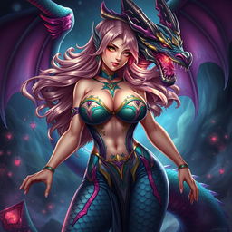 A seductive reimagining of Tiamat from Dungeons & Dragons depicted as a sexy anime girl, featuring a voluptuous figure with large breasts