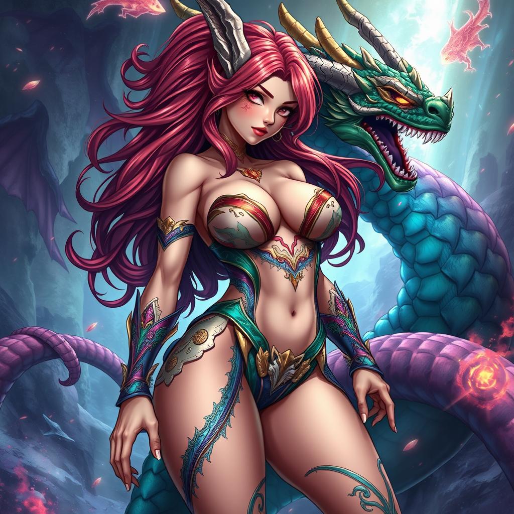 A seductive reimagining of Tiamat from Dungeons & Dragons depicted as a sexy anime girl, featuring a voluptuous figure with large breasts