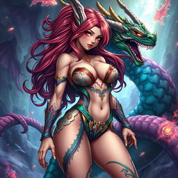 A seductive reimagining of Tiamat from Dungeons & Dragons depicted as a sexy anime girl, featuring a voluptuous figure with large breasts