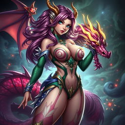A seductive reimagining of Tiamat from Dungeons & Dragons depicted as a sexy anime girl, featuring a voluptuous figure with large breasts