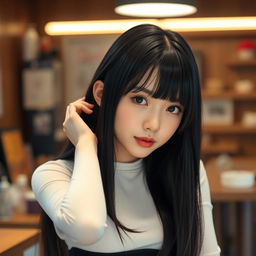 A beautiful young Japanese woman with long straight black hair and soft bangs framing her oval-shaped face