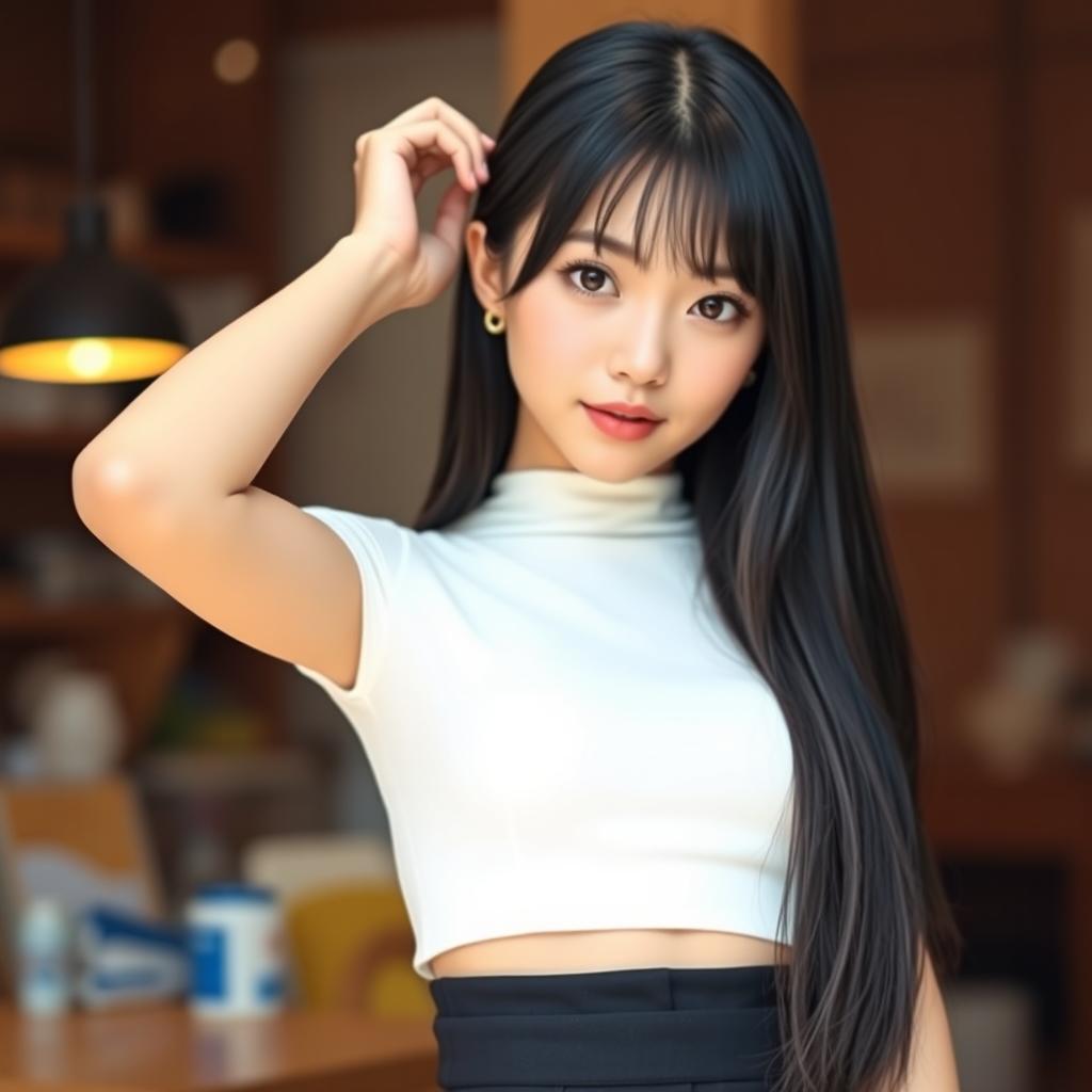 A beautiful young Japanese woman with long straight black hair and soft bangs framing her oval-shaped face
