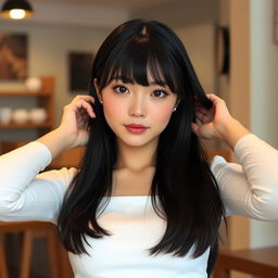 A beautiful young Japanese woman with long straight black hair and soft bangs framing her oval-shaped face