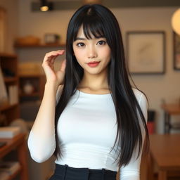 A beautiful young Japanese woman with long straight black hair and soft bangs framing her oval-shaped face