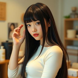 A beautiful young Japanese woman with long straight black hair and soft bangs framing her oval-shaped face