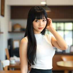 A beautiful young Japanese woman with long straight black hair and soft bangs framing her oval-shaped face