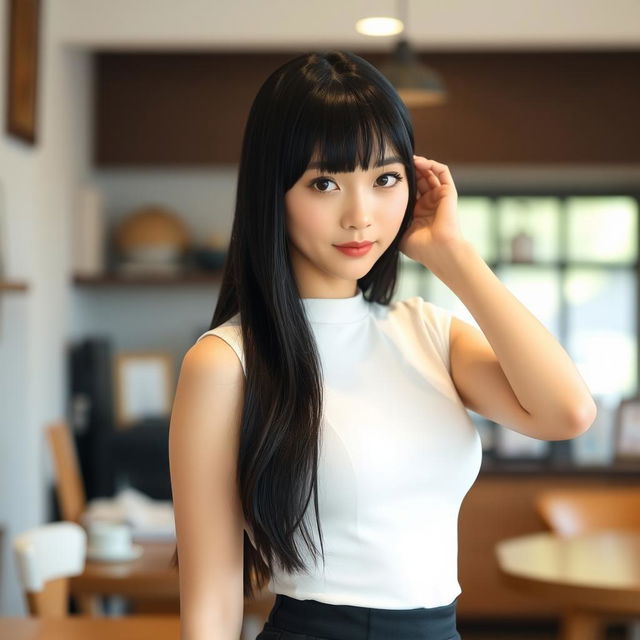 A beautiful young Japanese woman with long straight black hair and soft bangs framing her oval-shaped face