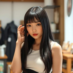 A beautiful young Japanese woman with long straight black hair and soft bangs framing her oval-shaped face