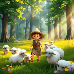 An animated scene depicting a young shepherd boy in a serene forest setting, surrounded by fluffy sheep